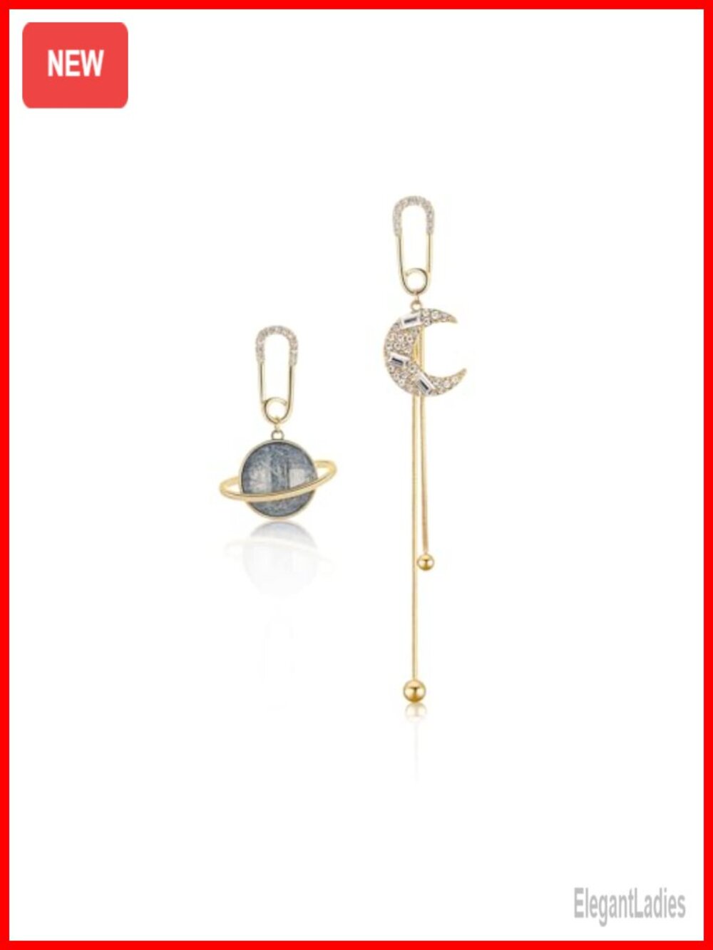 Asymmetrical Moon Saturn Dangle Drop Earrings Hypoallergenic Titanium